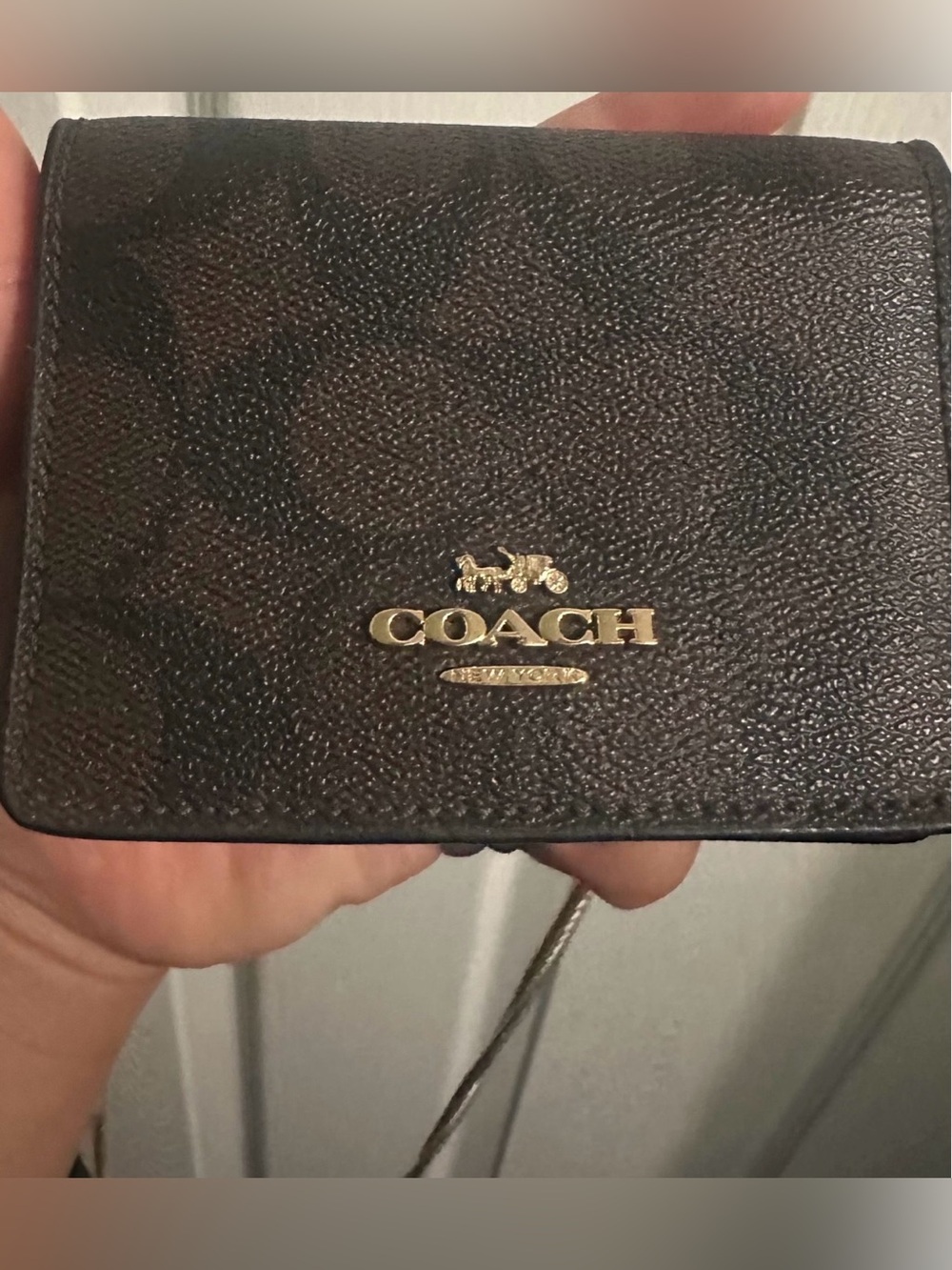 COACH Dark Brown Pebbled Leather Wallet with Gold logo & chain